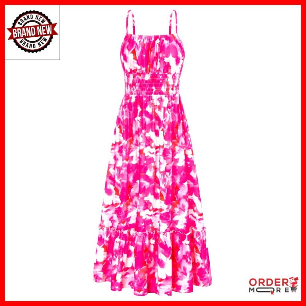 Smocked Floral Maxi Dress Boho Beach Vacation Long Sundress with Pockets